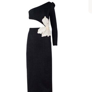 PatBo Black One-shoulder Midi Dress with Flower applique.  Size 4. NWT!!!!